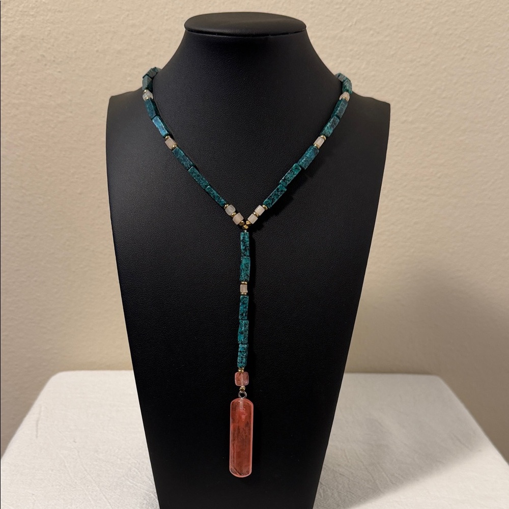 Anthropologie x Nakamol Turquoise and Rose Quartz Beaded Boho Necklace